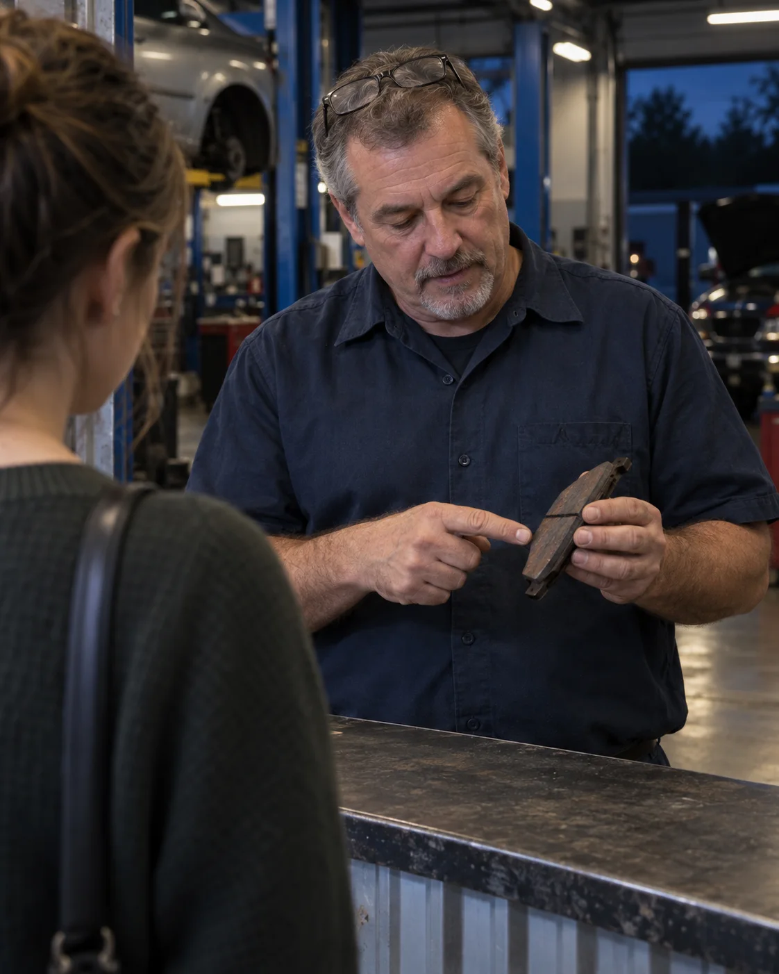 An advisor showing a customer a worn brake pad