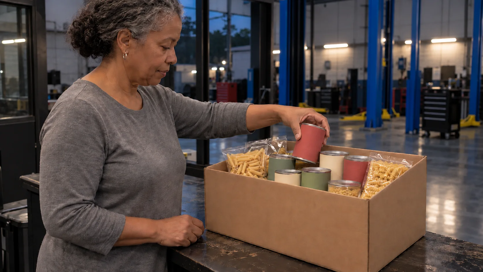 A customer adding a can to a food donation box on a shop counter