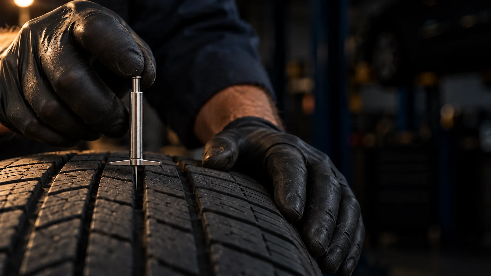 A technician's gloved hands pressing a tread depth gauge into a tire under a work light
