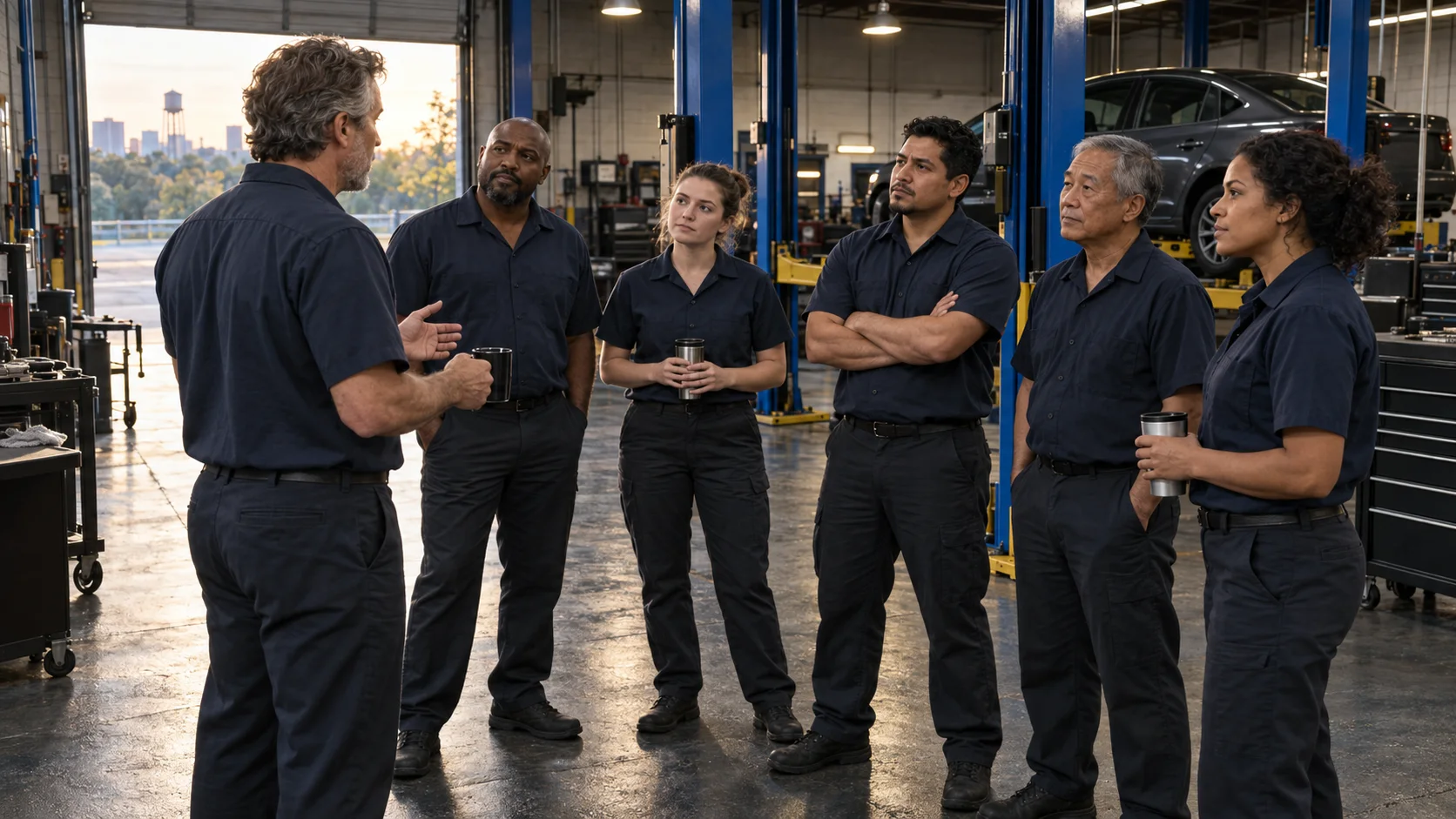 A shop owner leading a morning meeting with technicians in a bay