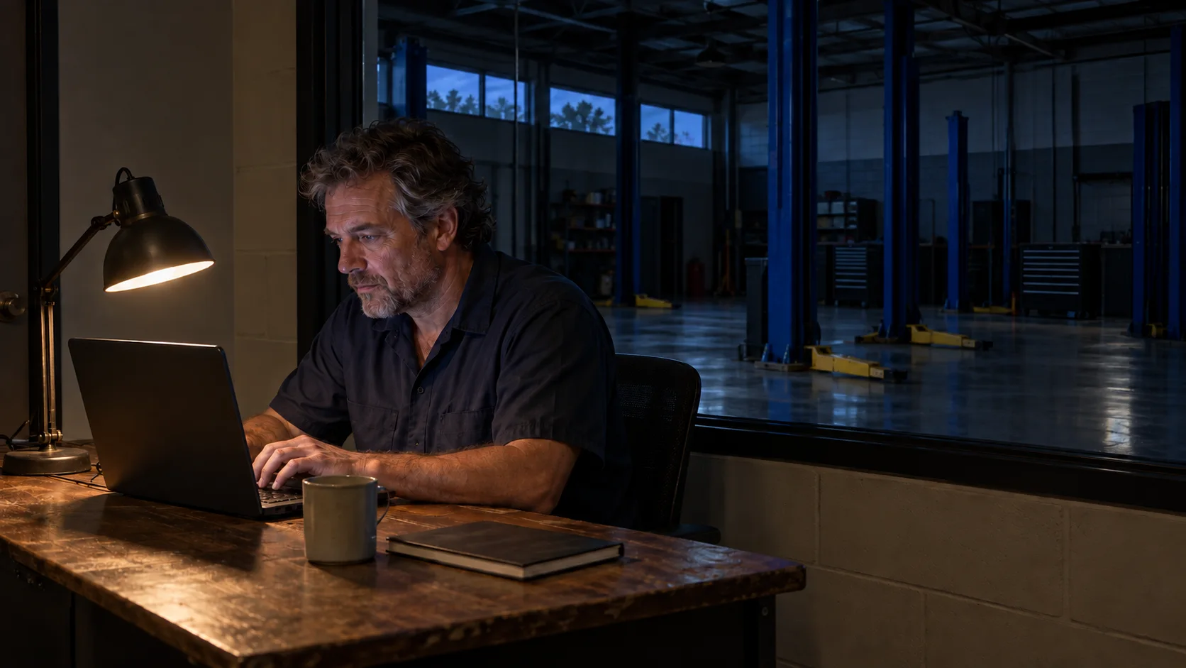 A shop owner reviewing records on a laptop after hours