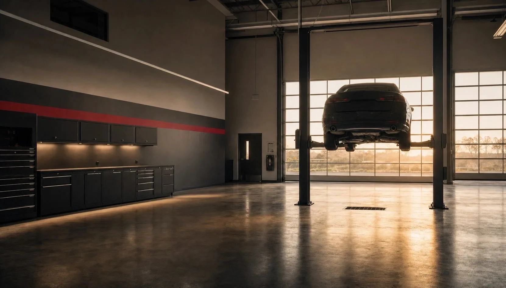 A clean service bay with a car raised on the lift