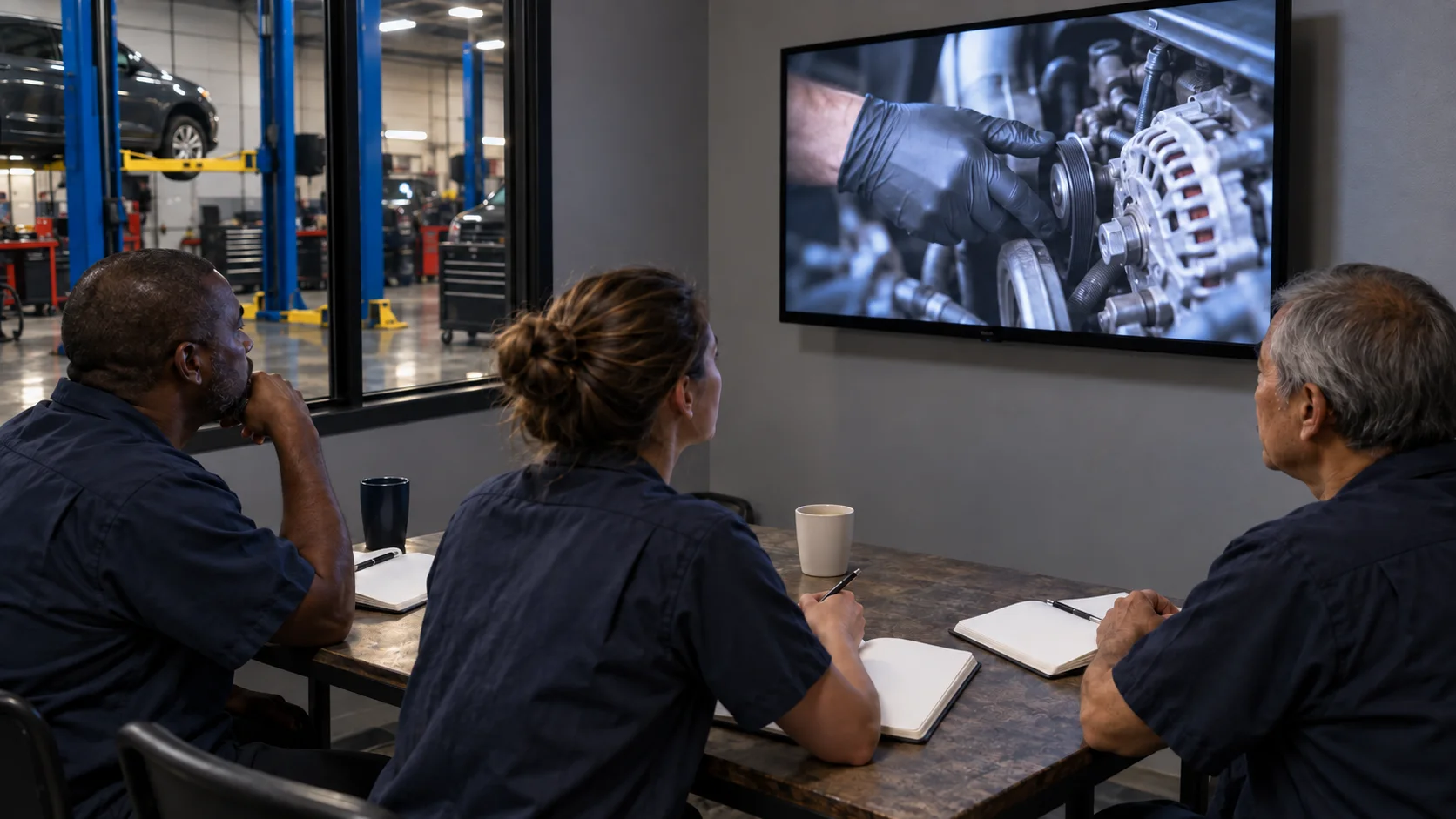 New shop employees watching an onboarding lesson