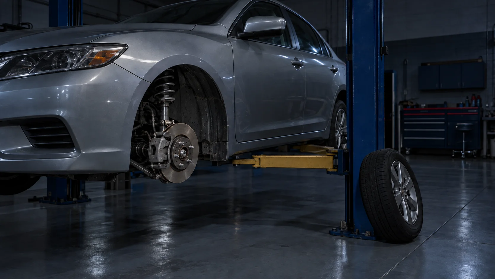 A sedan on a lift with the front wheel removed